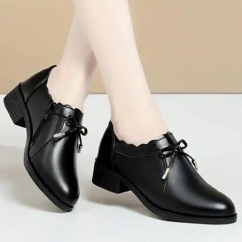 妈妈鞋女真皮中跟软底女士皮鞋春秋款时尚粗跟单鞋中年女鞋软皮鞋