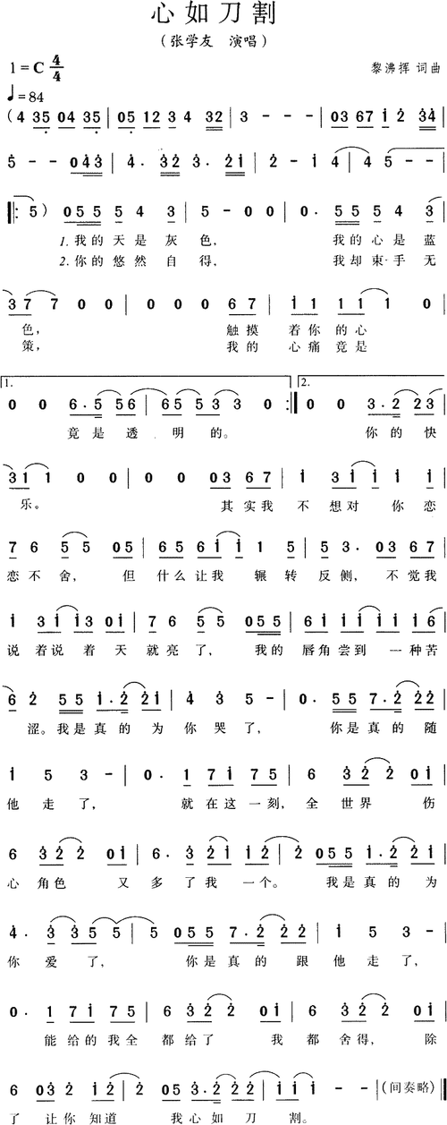 心如刀割张学友-男歌手--最新歌谱-曲谱资料