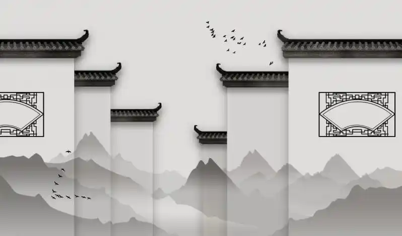 中式中国风屋檐壁纸火锅店装饰壁画徽派马头墙古建筑餐厅背景墙纸