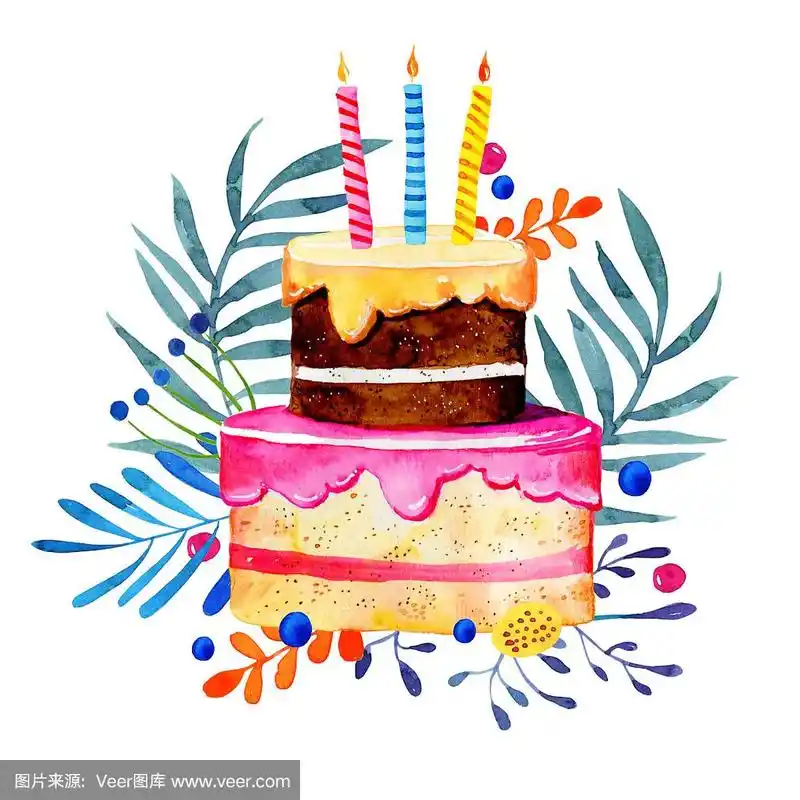 背景上有蜡烛和鲜花的生日蛋糕.手绘卡通水彩素描插图