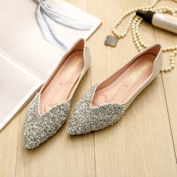 闪光小钻鞋子女大码平跟瓢鞋女软底软皮鞋平底婚鞋简约低跟豆豆女鞋 v