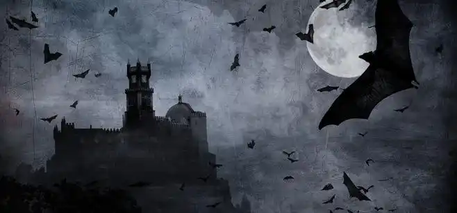 恐怖阴深黑色高楼城堡蝙蝠古老飞翔天空月亮科幻灰色影视背景特技后期