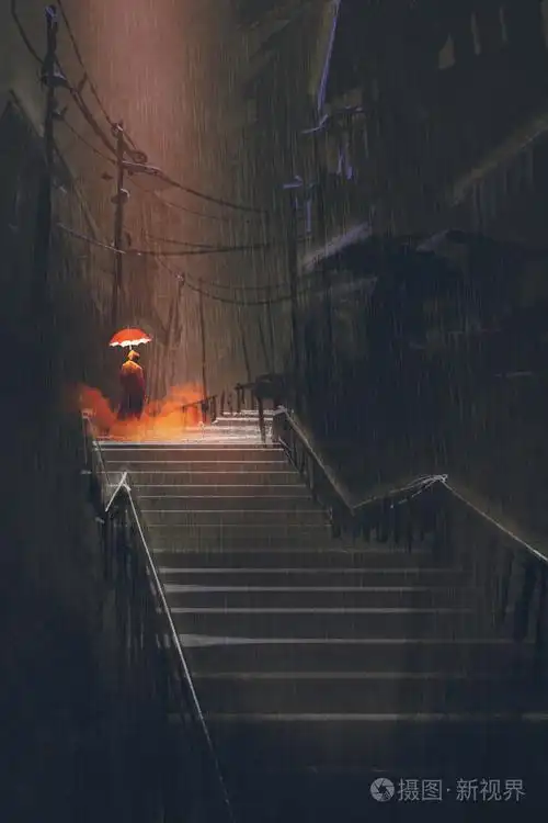 灯伞站在楼梯在晚上雨中的男人