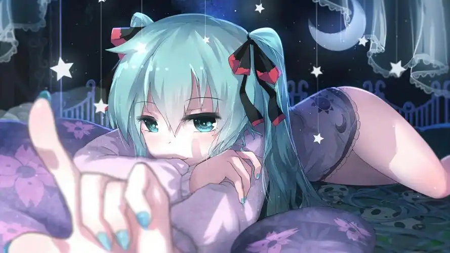 仙雅,女孩,初音未来,看,微笑,月亮,星星,窗帘,可爱动漫图片壁纸