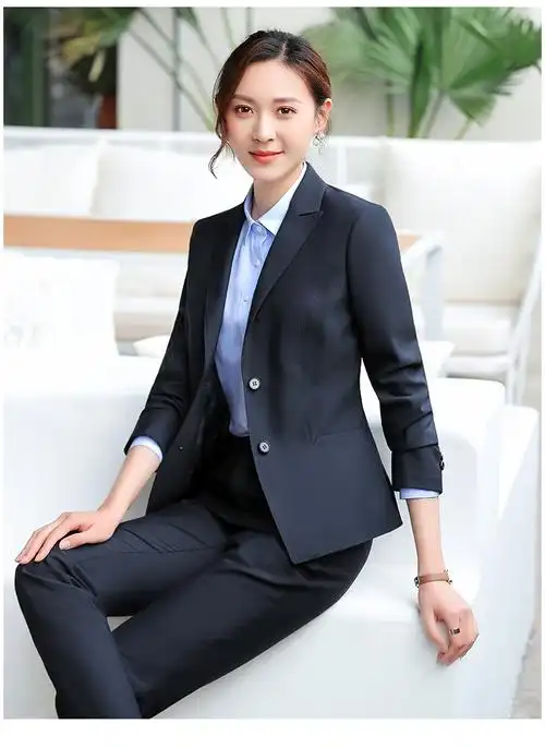 高端企业职业装套装藏青色西服套女士正式场合春秋韩版办公室面试工作