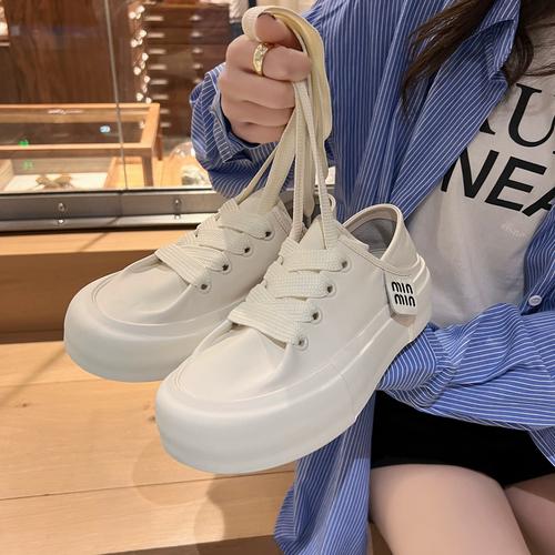 聪明豆新款后踩两穿百搭洋气学院风厚底板鞋学生真皮透气小白鞋女