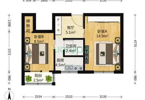 西青年沟2室1厅1卫50平米装修案例