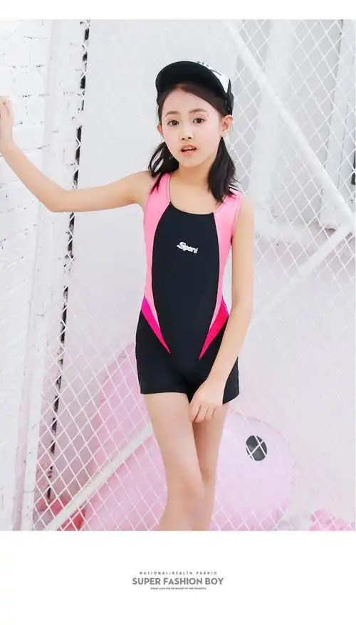 新款保守儿童泳衣女童女孩游泳衣中大童学生连体衣泳装批发