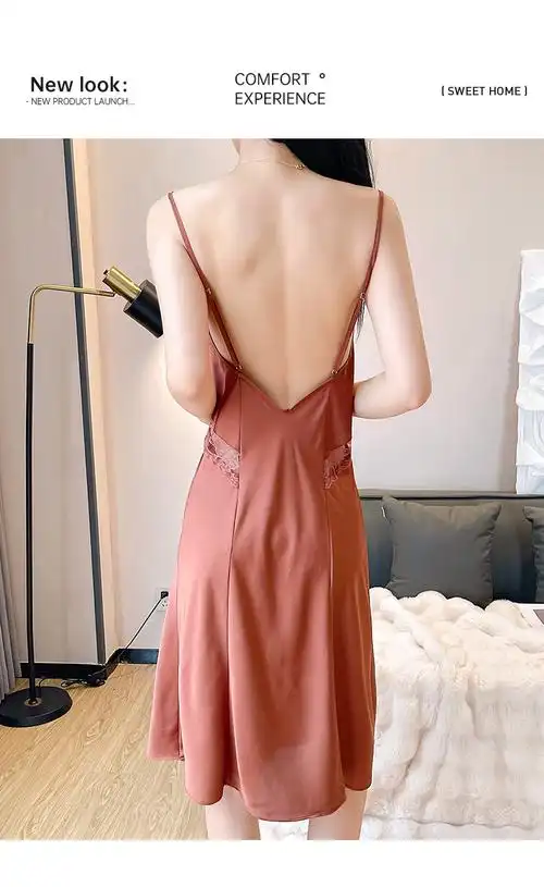 纯欲风夏季睡衣女冰雪丝蕾丝花边吊带裙纯色睡裙性感丝绸家居服 - 17