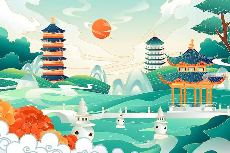 卡通中国浙江杭州西湖江南雷峰塔国内游古建筑中国风国潮矢量插画插画