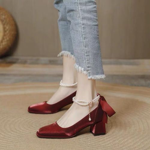 暖色鹿酒红色高跟鞋女粗跟红色婚鞋新娘鞋结婚配礼服旗袍玛丽珍单鞋