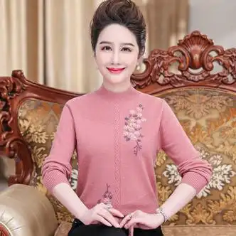 柒貔轻奢女装新款中年妈妈秋装纯羊毛衫女中老年人秋冬款套头半高粉色