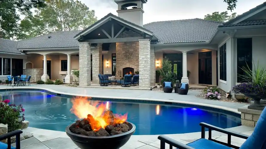 别墅,游泳池,火 壁纸