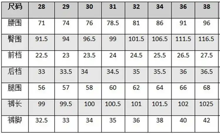 尺码表