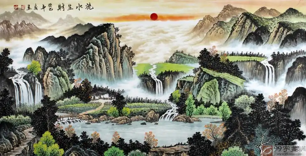 宁良成客厅聚宝盆山水画流水生财 - 聚宝盆山水画 - 99字画网