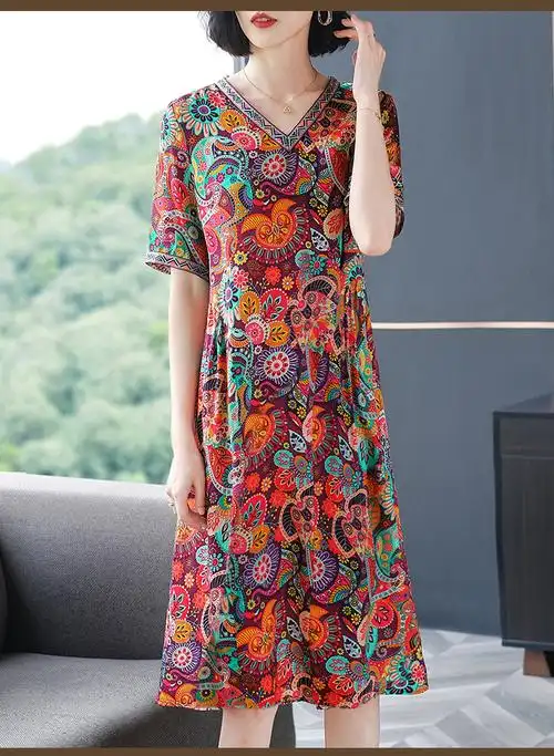 2024夏季新款中国风印花桑蚕丝连衣裙女中长款显瘦v领真丝直筒裙 - 17