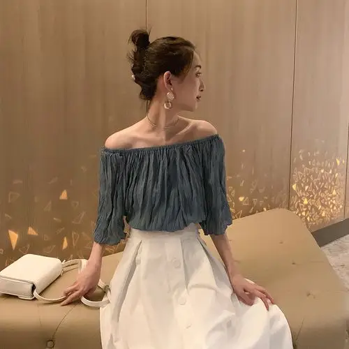 雪纺一字肩上衣女2020夏装洋气漏肩很仙的上衣宽松显瘦雪纺衫