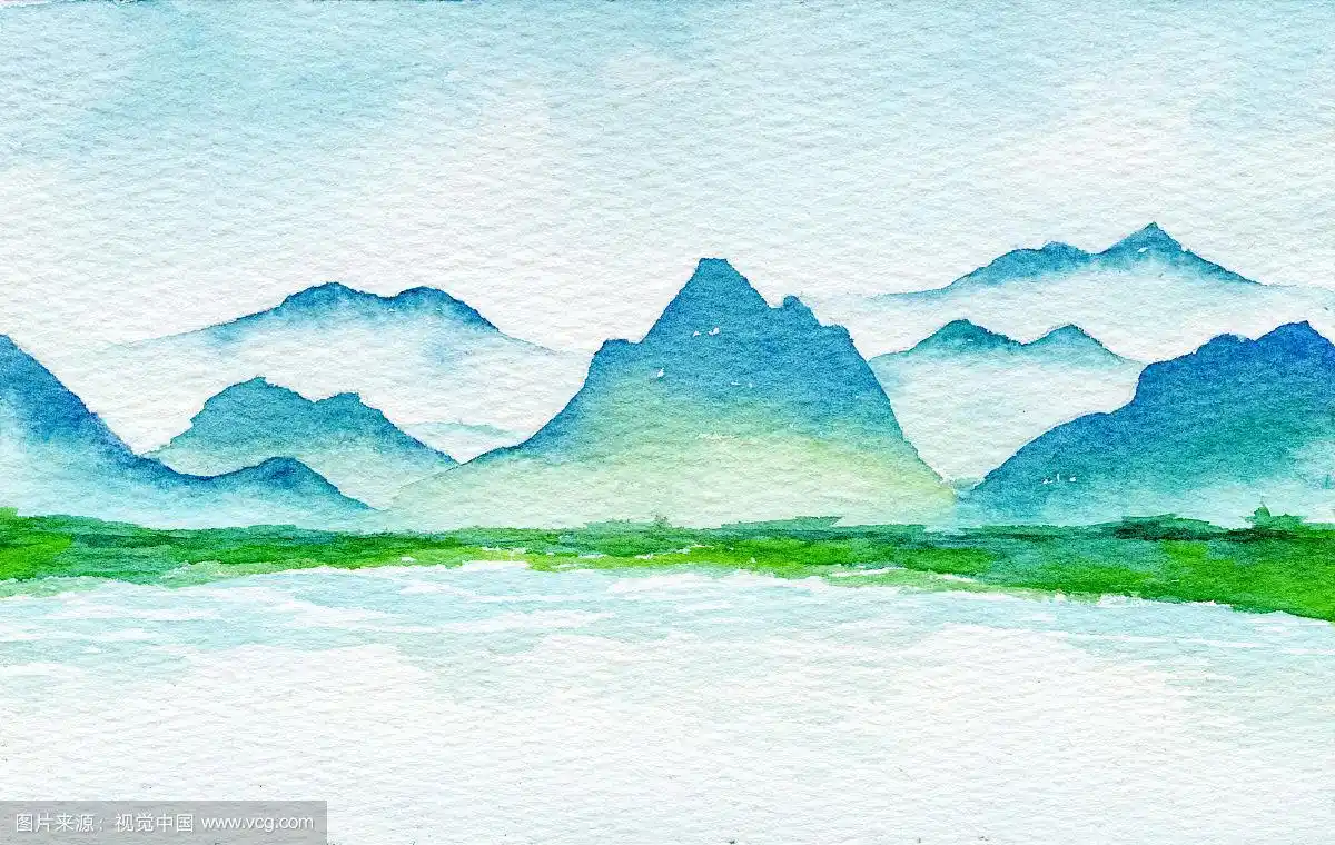 手绘水彩插画 中国风山水写意画