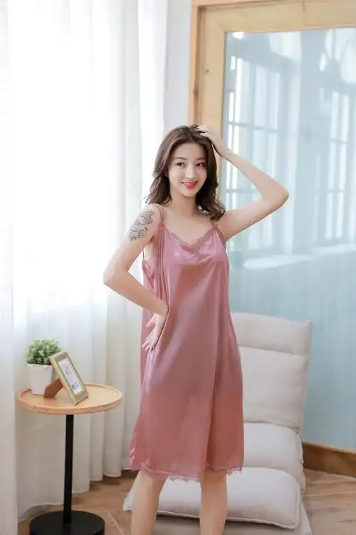 睡衣女夏季性感吊带裙 女士短袖冰丝丝绸后背交叉单件吊带睡裙