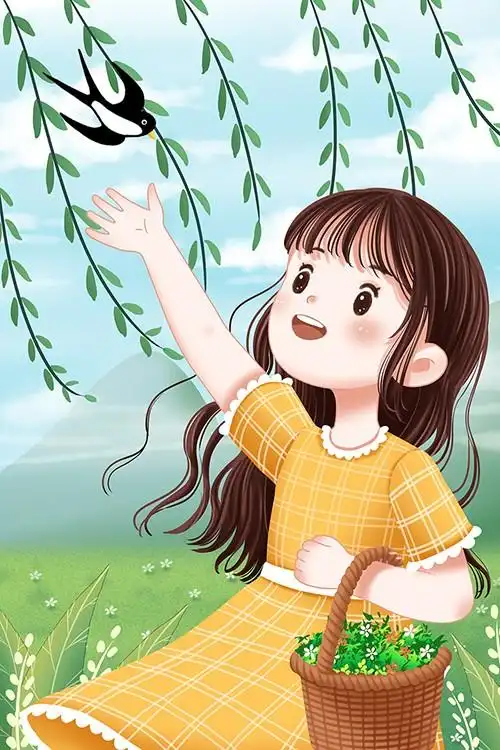 手绘小清新春天卡通小女孩插画素材