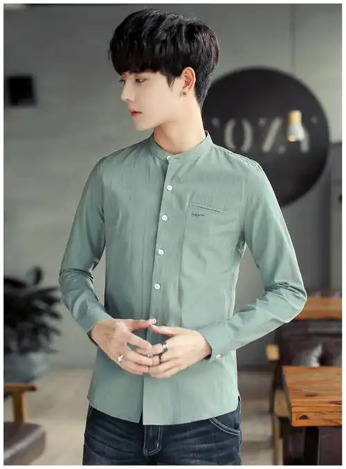 青少年男士衬衫韩版修身纯色英文绣花打底衫立领长袖帅气有型内搭