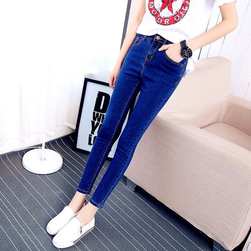 韩范纯色牛仔裤女秋冬季加绒小个子紧修身中高腰小脚弹力九分裤潮
