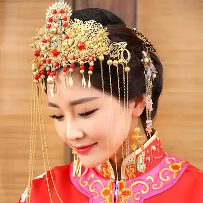 千魅古韵新娘结婚头饰秀禾服龙凤褂礼服发饰中式婚礼流苏凤冠套装