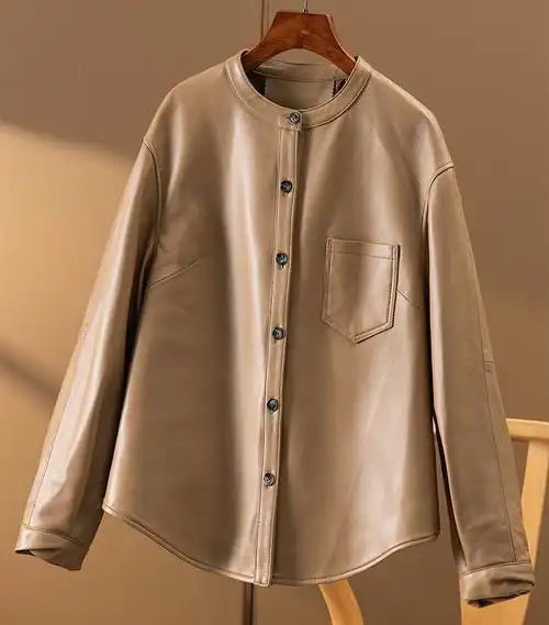 整皮意大利立领羊皮衬衫皮衣夹克外套春天天家皮衣