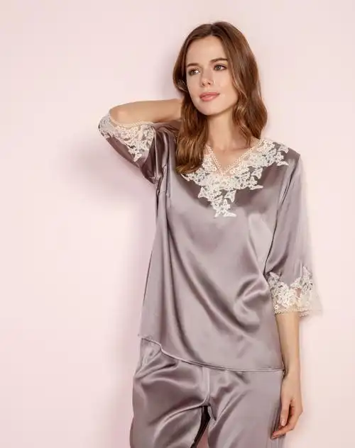 aimer home女款优雅甜美真丝蕾丝家居睡衣套装