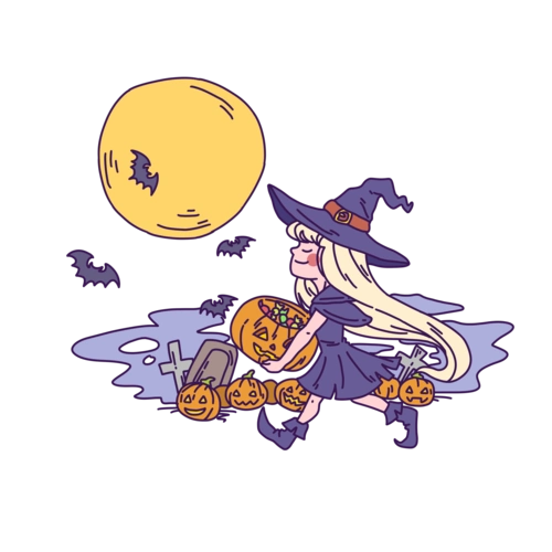 卡通手绘万圣节女巫抱南瓜插画