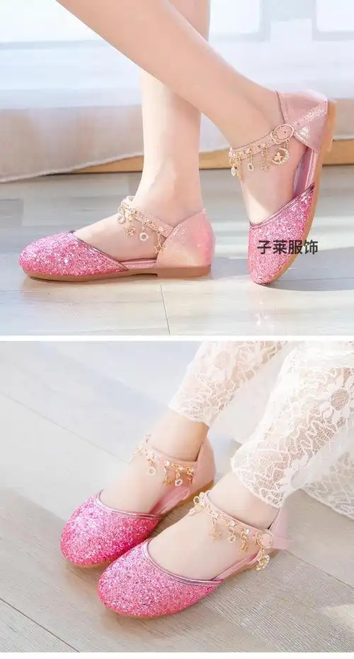 小女孩高跟鞋公主鞋女童包头凉鞋儿童水晶鞋学生银色表演舞蹈皮鞋粉色