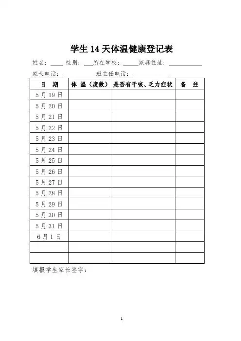 学生14天体温健康登记表 姓名:性别:所在学校:家庭住址:家长电话