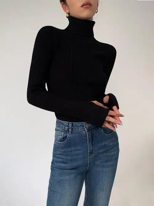 huyifan黑色高领紧身针织打底衫女2022新款韩版长袖毛衣内搭上衣