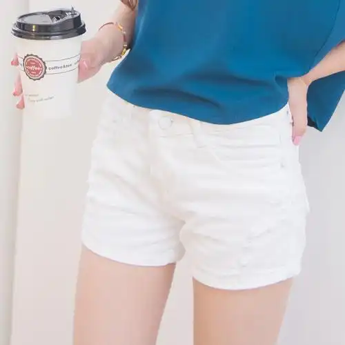 莎野酱 夏款森林系白色牛仔裤 白色牛仔短裤 流苏破洞热裤女