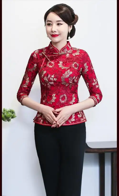 春季蕾丝刺绣改良旗袍唐装日常复古国风上衣中式妈妈装婚宴服大码