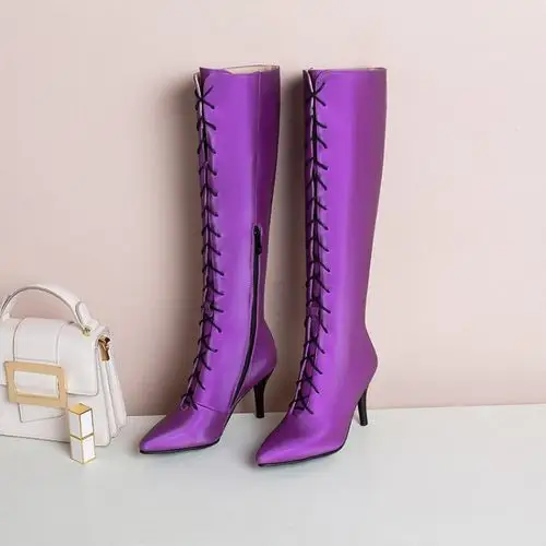 高跟紫色显瘦系带尖头高筒靴女靴靴子长靴大码时装靴