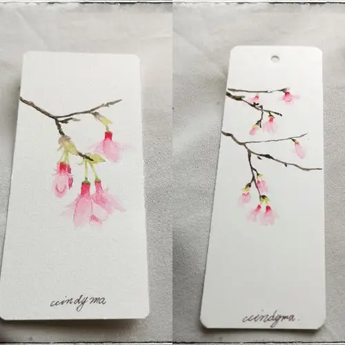手绘书签一夜春风吹红了山樱花