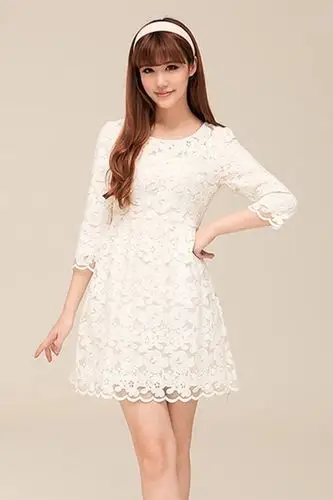 韩版七分袖白色蕾丝雪纺连衣裙