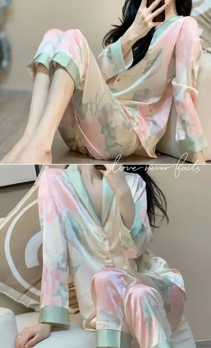 冰丝睡衣女款春秋夏季套装来啦!轻奢高级的仿真丝面料