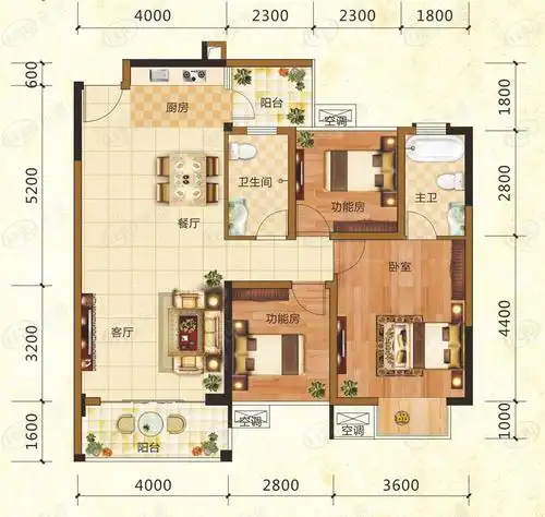 83平三房两厅两卫户型