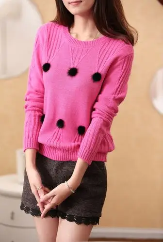 秋冬新款女装圆领套头毛衣水貂毛球针织衫