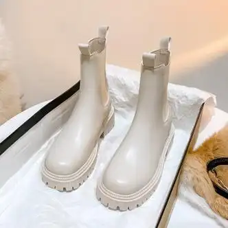 他程百丽新款内增高马丁靴女2023秋季新款中筒小个子英伦切尔西烟筒靴