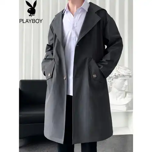 花花公子春秋季风衣男士过膝大衣韩版潮流中长款帅气宽松连帽外套