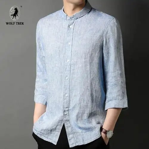 trek ]亚麻衬衫男纯色衬衣宽松男装国风夏季棉麻男士休闲外套七分袖衣