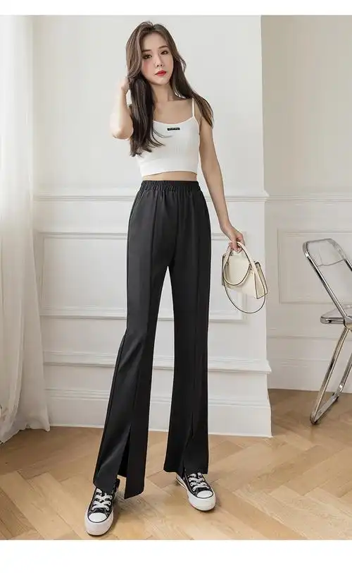 实拍开叉微喇叭裤女新款高腰显瘦长裤小个子拖地休闲垂感阔腿裤子