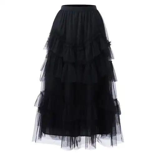 遮胯显瘦中长款半身裙aui黑色设计感高腰网纱蛋糕裙2021女冬新款