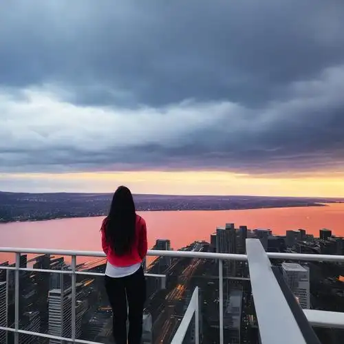 图片生成参数关键字:1女孩,黑色空气,城市景观,云,cloudy_sky,黄昏