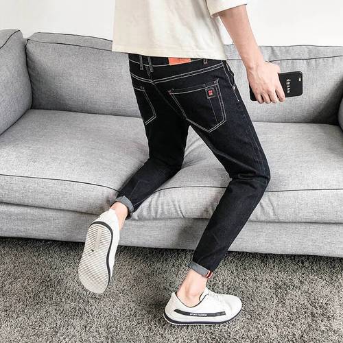 遥芷秋冬男士穿的超低腰弹力紧身牛仔裤青少年男黑色小脚裤男生修身休