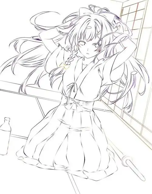 二次元动漫女生涂色线稿