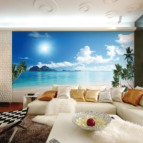 3d壁画客厅卧室沙发电视墙纸无缝布沙滩阳光地中海海景背景壁纸